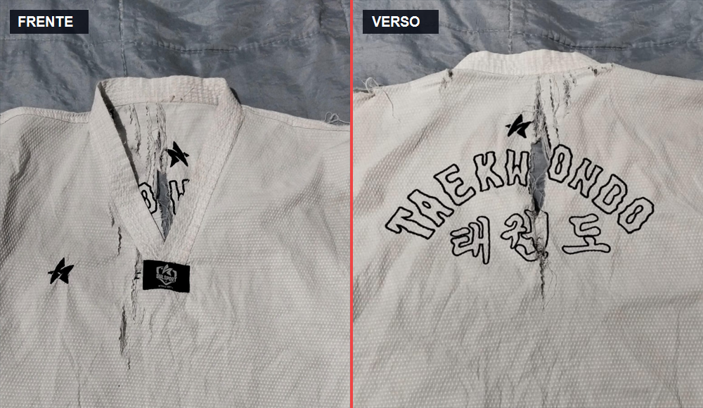 Frente e verso do dobok rasgado na luta